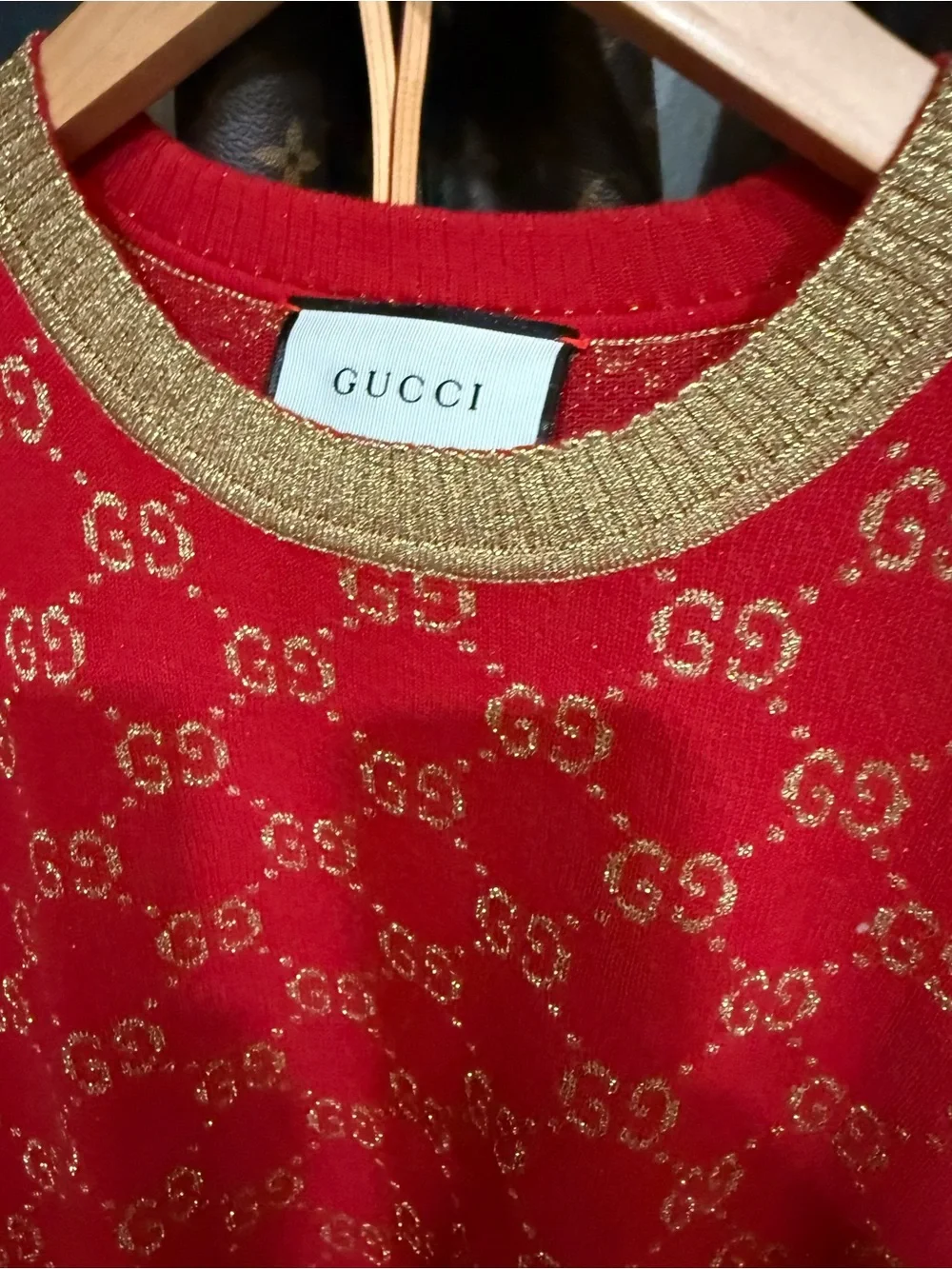 Gucci Red Short-Sleeve GG Knit Sweater with Gold Trim